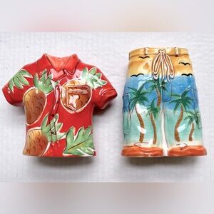 Clay Art Ceramic Hawaiian Tropical Salt & Pepper Set  Shirt Pants 4 1/2” High